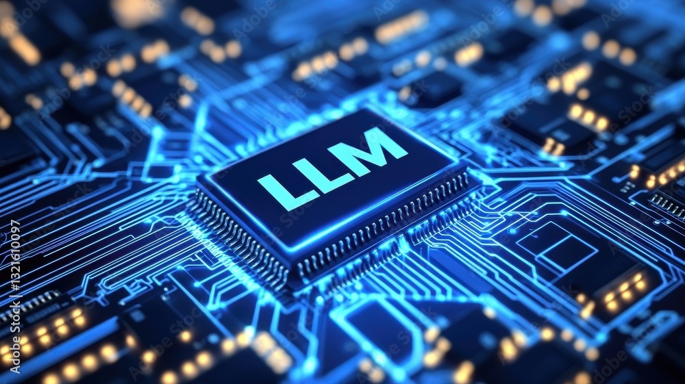 LLM, AI large language model. Close-up of a microchip labeled LLM with vibrant blue circuitry design. LLM, AI large language model. Close-up of a microchip labeled LLM with vibrant blue circuitry design.