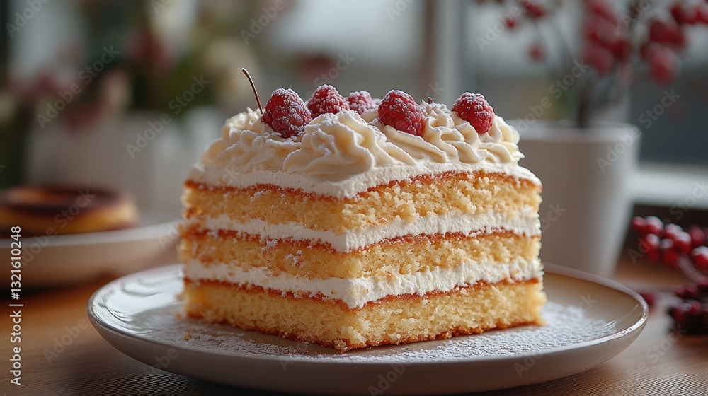 A slice of vanilla cake with creamy frosting sits on a white plate. A slice of vanilla cake with creamy frosting sits on a white plate.