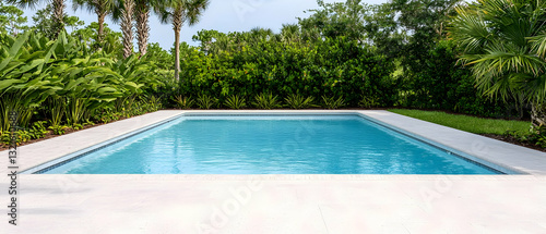 Inviting Turquoise Swimming Pool With Lush Green Tropical Landscaping and Modern White Stone Patio on a Sunny Day
