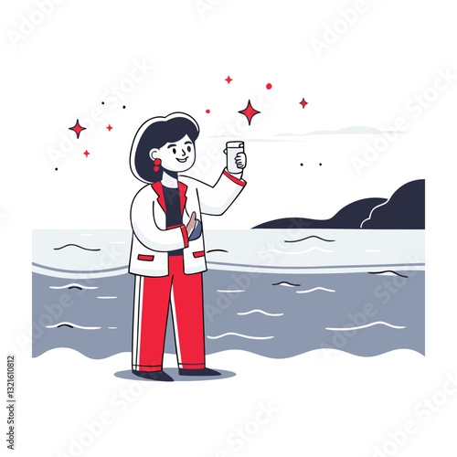 Vector illustration of a scientist collecting a water sample near the ocean, symbolizing environmental research, marine science, and ecological studies.