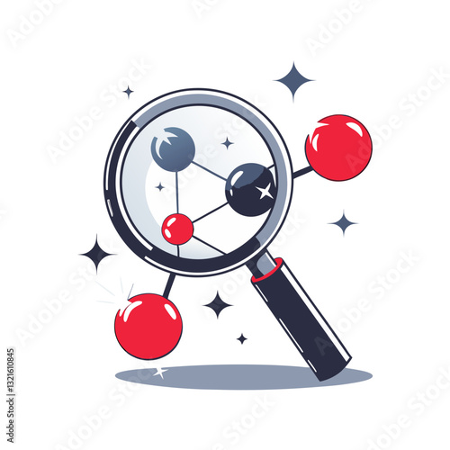 A magnifying glass examining a molecular structure, symbolizing chemistry, science, and research. A modern vector illustration focused on molecular analysis and discovery.