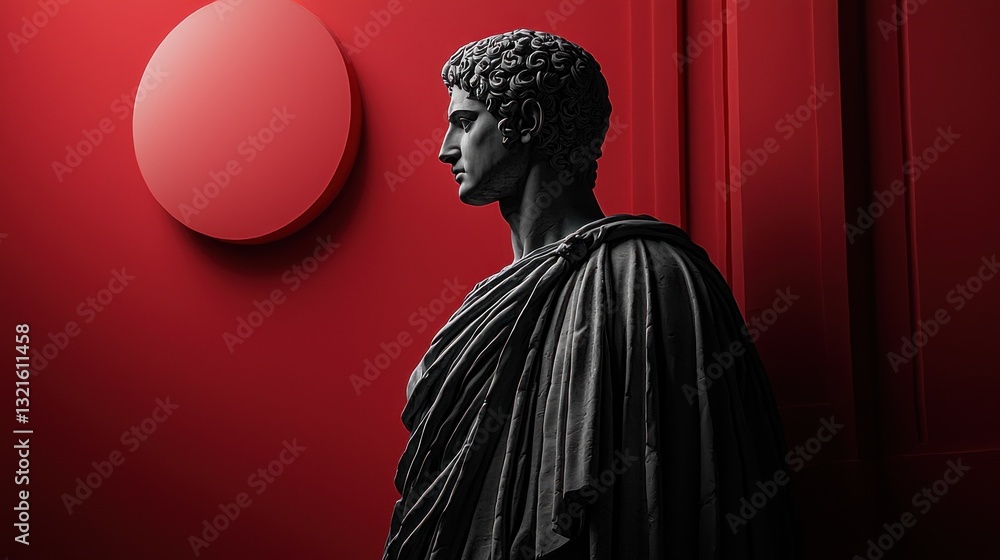 Naklejka premium Elegant roman statue on red background showcasing ancient era beauty