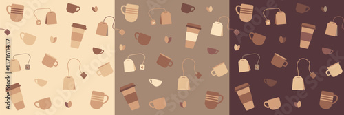 Seamless pattern with cups and tea bags, beige brown color, tea ceremony theme, cafe	
