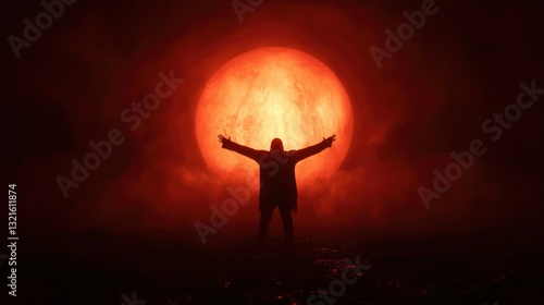 Silhouette figure, red moon, mystery