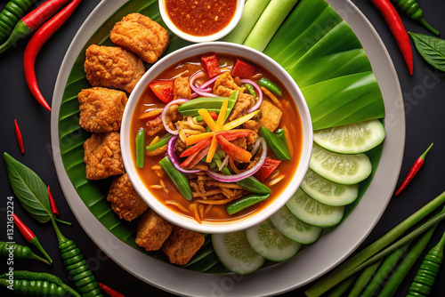 Wallpaper Mural Spicy Asian soup bowl with fried fish cakes, colorful vegetables, and dipping sauce Torontodigital.ca