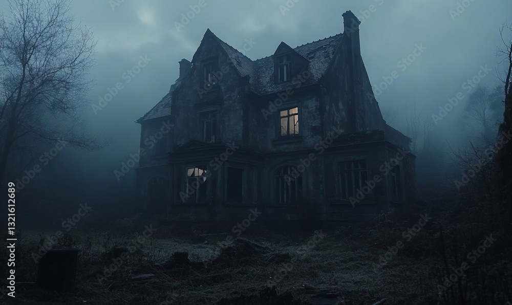 Eerie abandoned house shrouded in a dense fog at night creating a mysterious and spooky atmosphere Eerie abandoned house shrouded in a dense fog at night creating a mysterious and spooky atmosphere