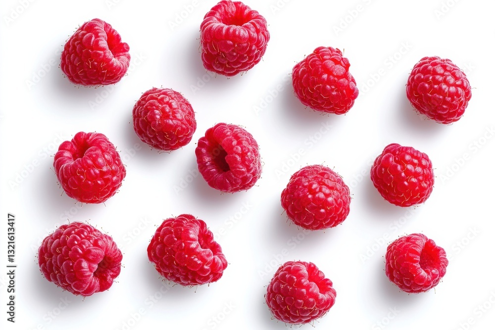 Fresh raspberries on white background, top view, high-contrast product photography, commercial food image Fresh raspberries on white background, top view, high-contrast product photography, commercial food image