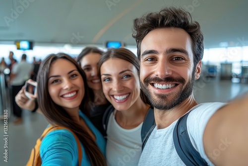 airport travel moments. Happy group selfie at the airport with bright smiles and excitement.