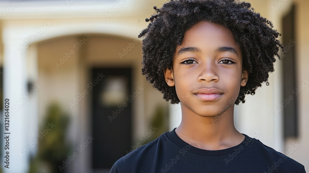 Fototapeta premium A boy with curly hair stands confidently in front of a house. The warm sun highlights his features, creating a calm and approachable atmosphere during daytime