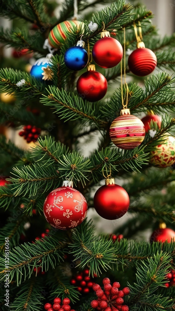 Fototapeta premium Christmas fir tree with colorful ornaments on the branch, evergreen, ornament