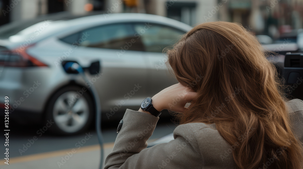 Waiting for an electric car to charge at a public charger in a parking lot, a bored woman with a watch sits in front of the car Waiting for an electric car to charge at a public charger in a parking lot, a bored woman with a watch sits in front of the car