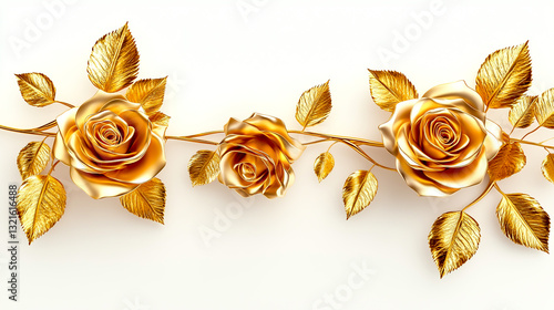 3D vector illustration of golden roses and golden leaves on a white background
