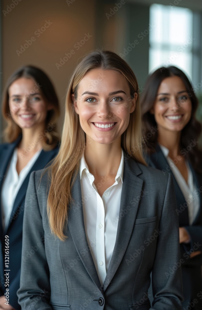 Portrait of three smiling successful businesswomen wearing suits in office. Confident women standing in team, look at camera. Happy diverse staff. Concept of company, team, coworking, collaboration. Portrait of three smiling successful businesswomen wearing suits in office. Confident women standing in team, look at camera. Happy diverse staff. Concept of company, team, coworking, collaboration.