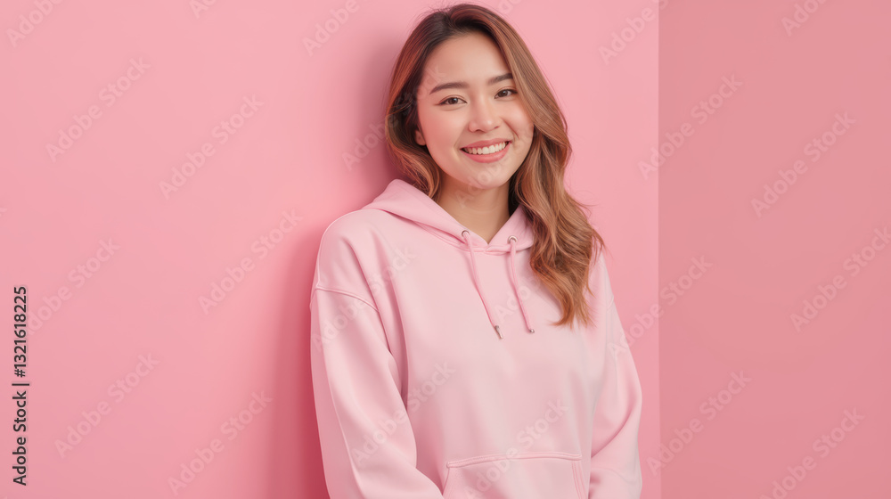 young woman smiling in pink hoodie against pink background, radiating joy and warmth young woman smiling in pink hoodie against pink background, radiating joy and warmth