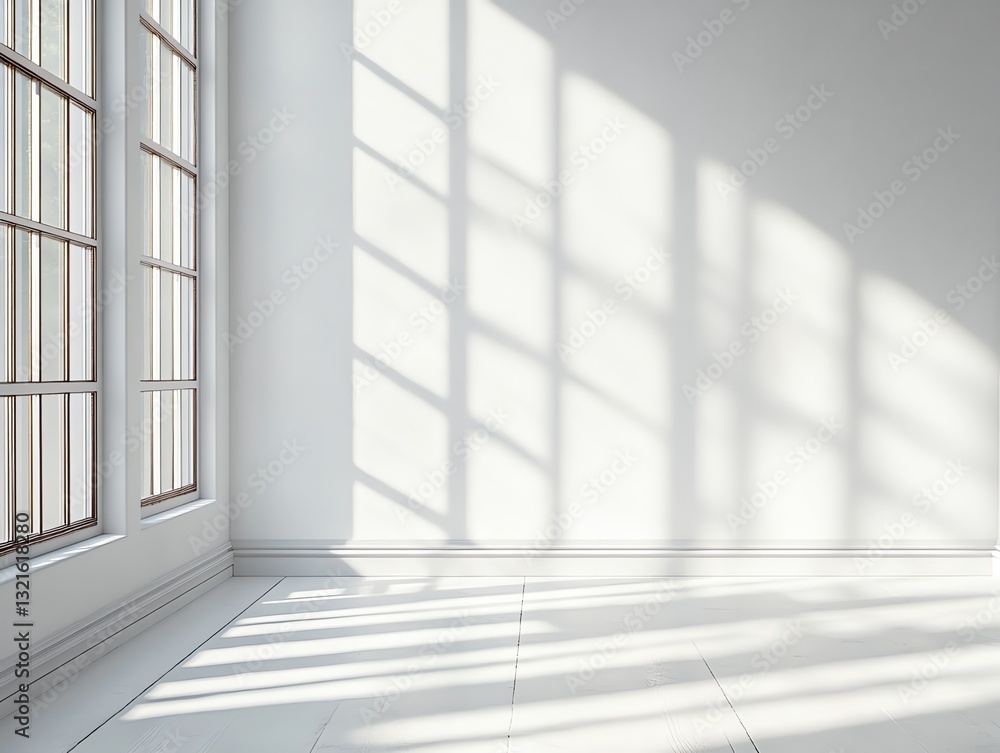 Obraz premium Bright Sunlight Streaming Through Windows in an Empty White Room