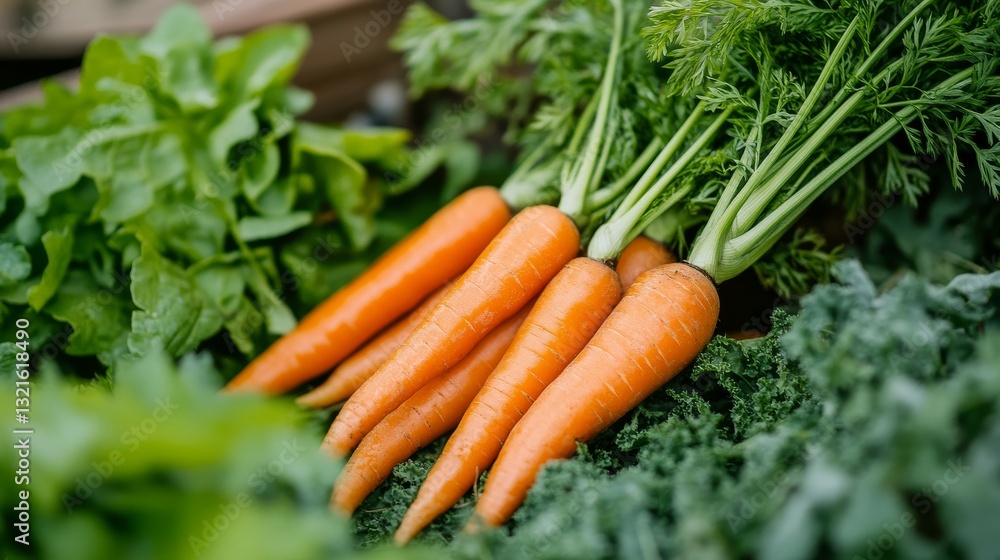 Close-up of ripe, orange carrots with green tops Close-up of ripe, orange carrots with green tops