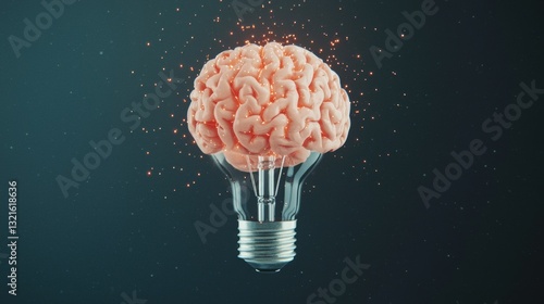 Conceptual image of a brain-shaped lightbulb, symbolizing innovative thinking, intelligence, and creativity against a dark background with glowing particles illustrating dynamic en