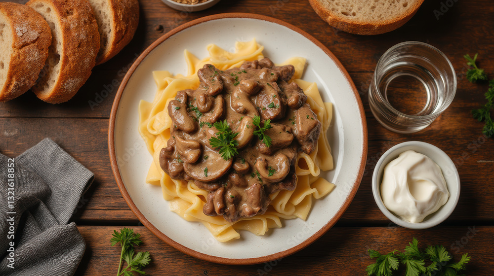 Creamy beef stroganoff served over egg noodles with fresh herbs and bread Creamy beef stroganoff served over egg noodles with fresh herbs and bread