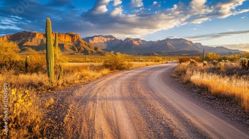 Scenic dirt road winding through desert landscape with towering cacti and majestic mountains at sunset in Tonto Basin, Arizona. Tranquil wilderness and southwest beauty.