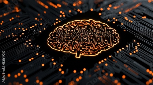 Futuristic depiction of a digital brain highlighted by intricate circuitry on a black background, symbolizing artificial intelligence and advanced computing technologies.