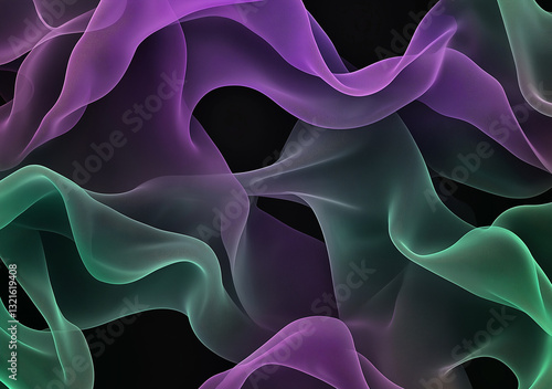 Wavy lines in shades of purple and green create an abstract design with flowing forms and soft textures