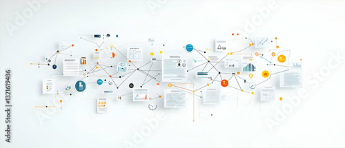 Abstract Data Analysis Visualization With Interconnected Charts Graphs And Documents On A Clean White Background