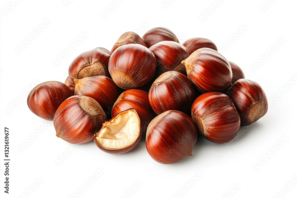 Pile of chestnuts, top view, isolated on white background, high contrast, lifelike accuracy, commercial product photography Pile of chestnuts, top view, isolated on white background, high contrast, lifelike accuracy, commercial product photography