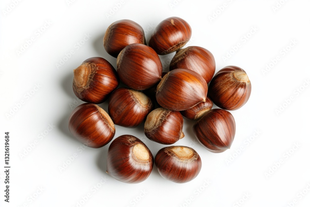 Pile of chestnuts, top view, isolated on white background, high contrast, lifelike accuracy, commercial product photography Pile of chestnuts, top view, isolated on white background, high contrast, lifelike accuracy, commercial product photography
