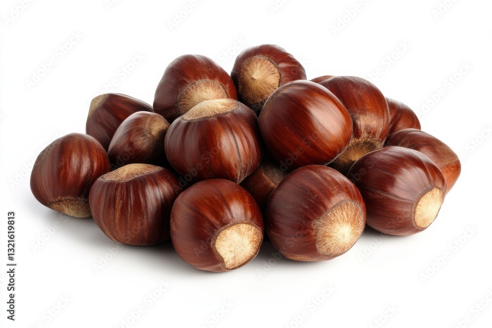 Pile of chestnuts, top view, isolated on white background, high contrast, lifelike accuracy, commercial product photography Pile of chestnuts, top view, isolated on white background, high contrast, lifelike accuracy, commercial product photography