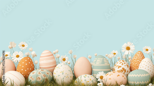 Easter themed background featuring decorative eggs and flowers in a serene setting
