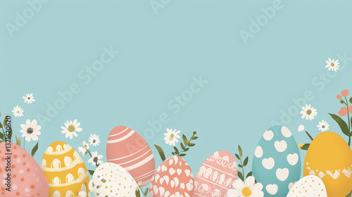 Colorful easter eggs adorned with floral elements against a pastel backdrop creating a festive spring atmosphere