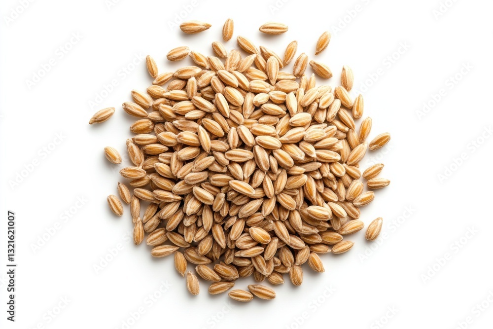 Pile of farro grains, isolated on white background, top view, high contrast, commercial product photography, food texture Pile of farro grains, isolated on white background, top view, high contrast, commercial product photography, food texture