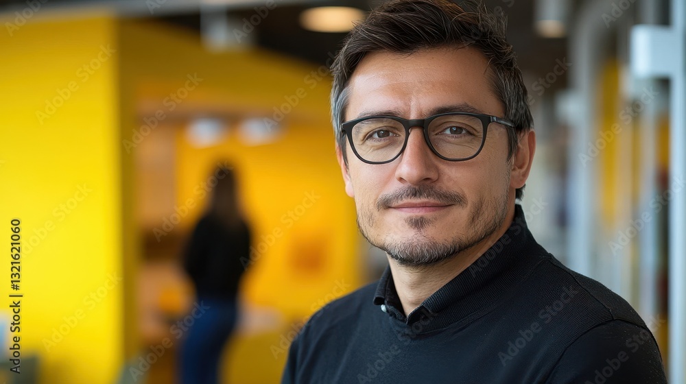 Fototapeta premium A man with glasses showcases a confident expression in a contemporary office, highlighted by a bright yellow wall. A silhouette in the background adds depth to the setting