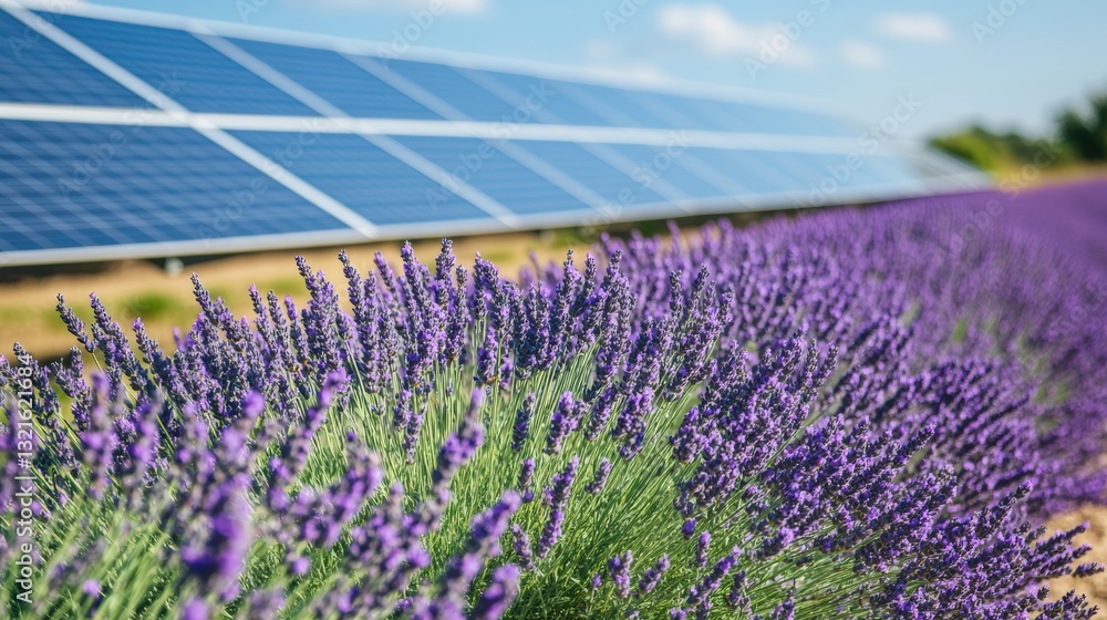 Obraz premium Solar farm and lavender cultivation, sustainable agriculture and renewable energy sources