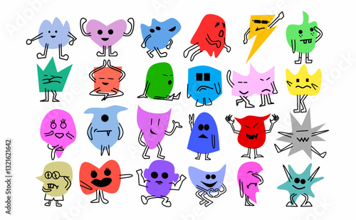 Cartoon character set with abstract, colorful shapes and expressive faces. Fun and playful hand-drawn style, perfect for stickers, animations, children's illustrations, or digital assets