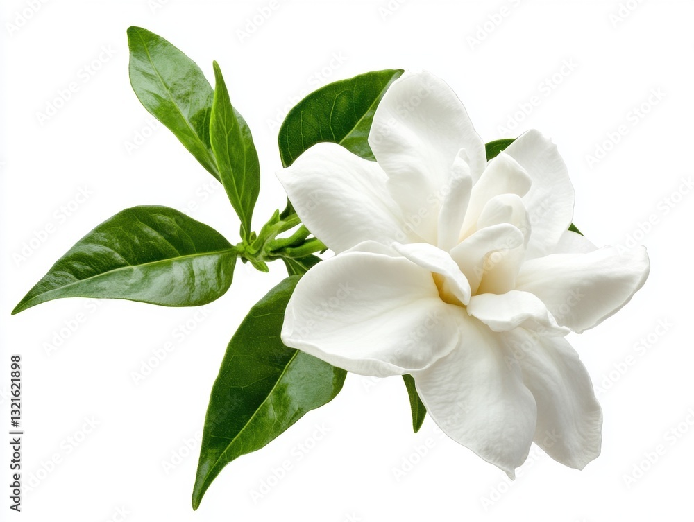 Obraz premium Elegant white gardenia flower with lush green leaves