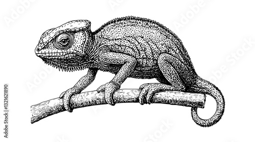 Intricate engraving of a chameleon perched on a branch surrounded by detailed textures and artistic elements for tattoo design