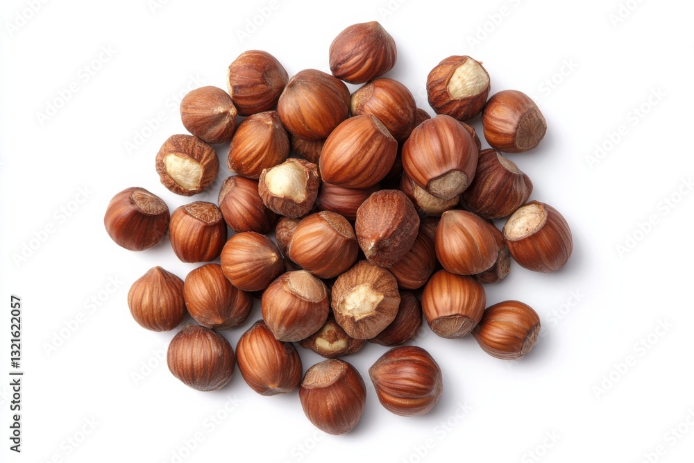 Pile of hazelnuts, top view, isolated on white background, high contrast, commercial product photography Pile of hazelnuts, top view, isolated on white background, high contrast, commercial product photography