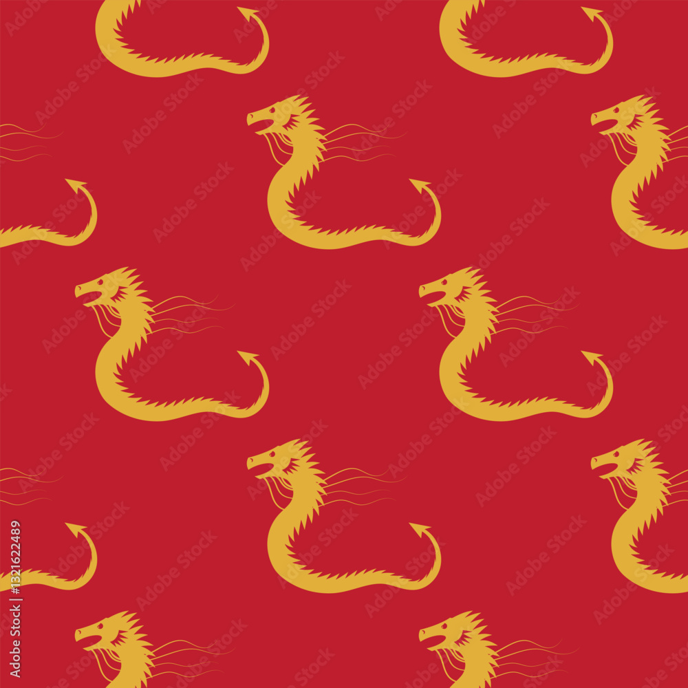 Obraz premium Vector Chinese folklore gold Dragon seamless pattern suitable for Chinese New Year. Symbol of Chinese mythology. Magic reptile. Traditional monster of China. Chinese zodiac icon. Fantasy animal.