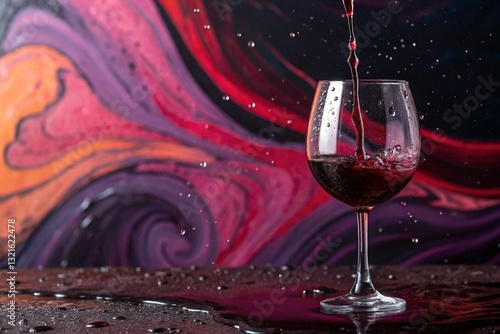 red wine pouring into glass, splashed and wine drops, dark violet red black orange curved lines background