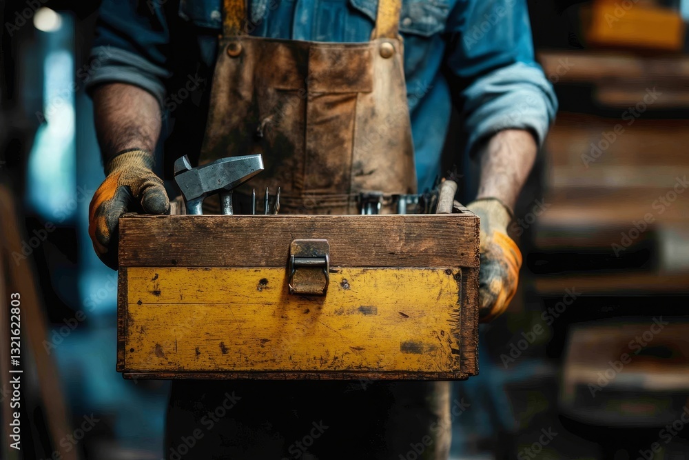Man carrying old wooden toolbox filled tools Man carrying old wooden toolbox filled tools