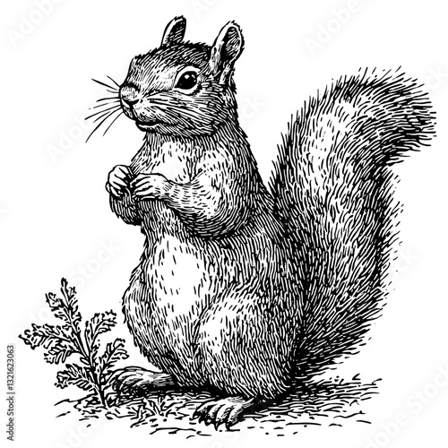 Detailed engraving of a squirrel standing upright in a natural setting, showcasing intricate fur texture and playful demeanor