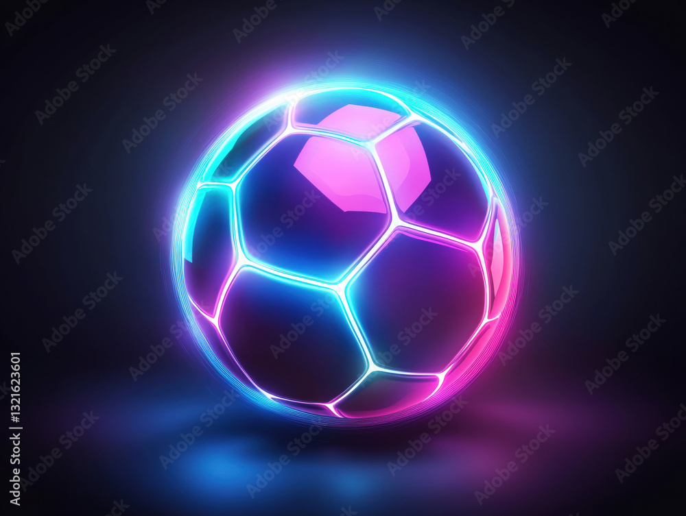 Naklejka premium Vibrant soccer ball with neon lighting against a dark background