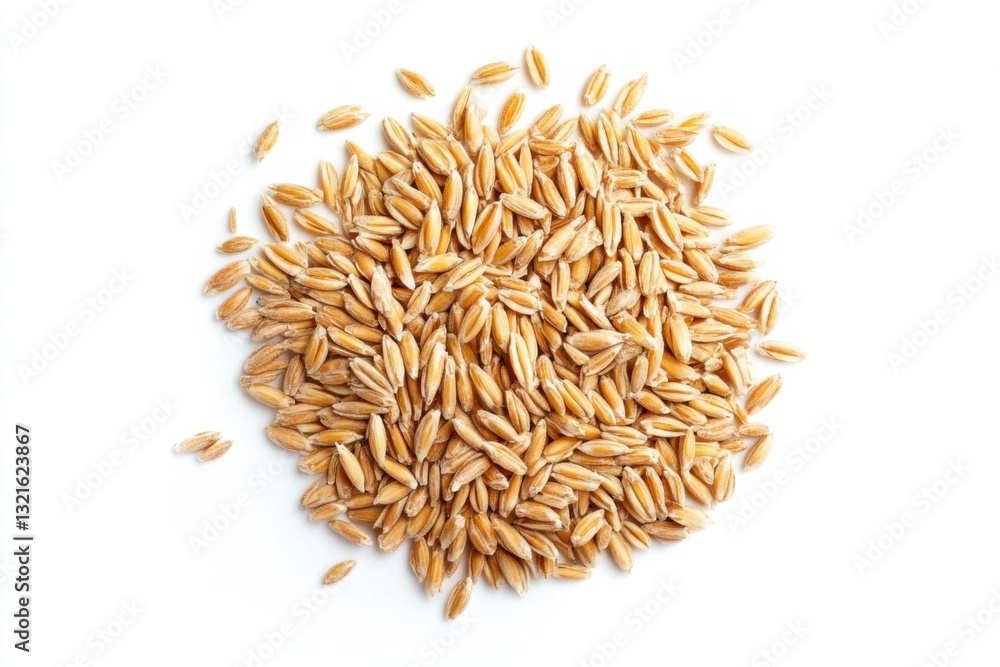 Pile of millet grains on white background, top view, high contrast, commercial product photography, lifelike food representation Pile of millet grains on white background, top view, high contrast, commercial product photography, lifelike food representation