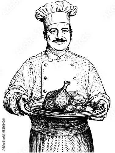 Chef presenting a lavish feast on a silver platter, showcasing culinary artistry and culinary tradition in a festively joyful setting