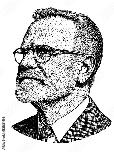 Intricate engraving depicting a thoughtful man with a beard, celebrating wisdom and introspection in vintage design