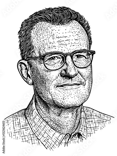 Intricate engraved portrait of a thoughtful man with glasses showcasing artistry and detail for tattoo and packaging designs