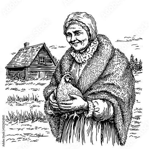 Engraved illustration of a woman holding a chicken in front of a rustic farmhouse during a serene countryside afternoon