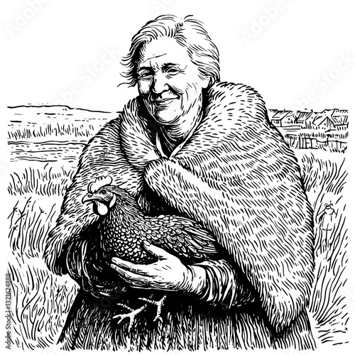 Old woman cradling a chicken in a rustic landscape, showcasing intricate engraving and vector artistry