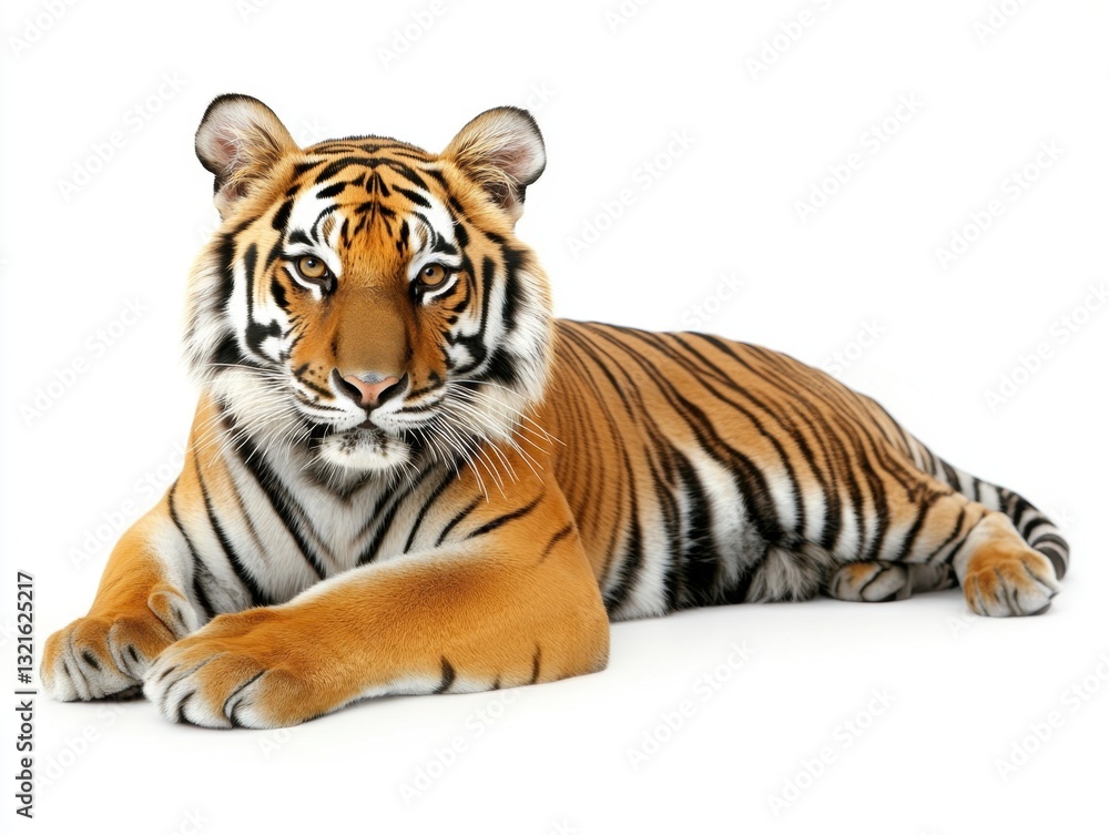 Majestic tiger resting on a white surface in a calm pose Majestic tiger resting on a white surface in a calm pose